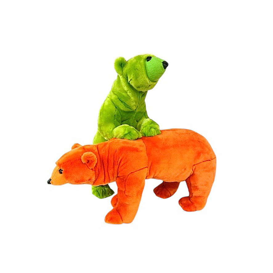 TWO GREEN AND ORANGE BEARS