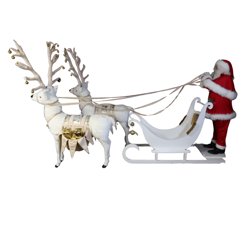 [50055L] PÈRE NOËL ET DEUX RENNES BLANCS + TRAINEAU BLANCS